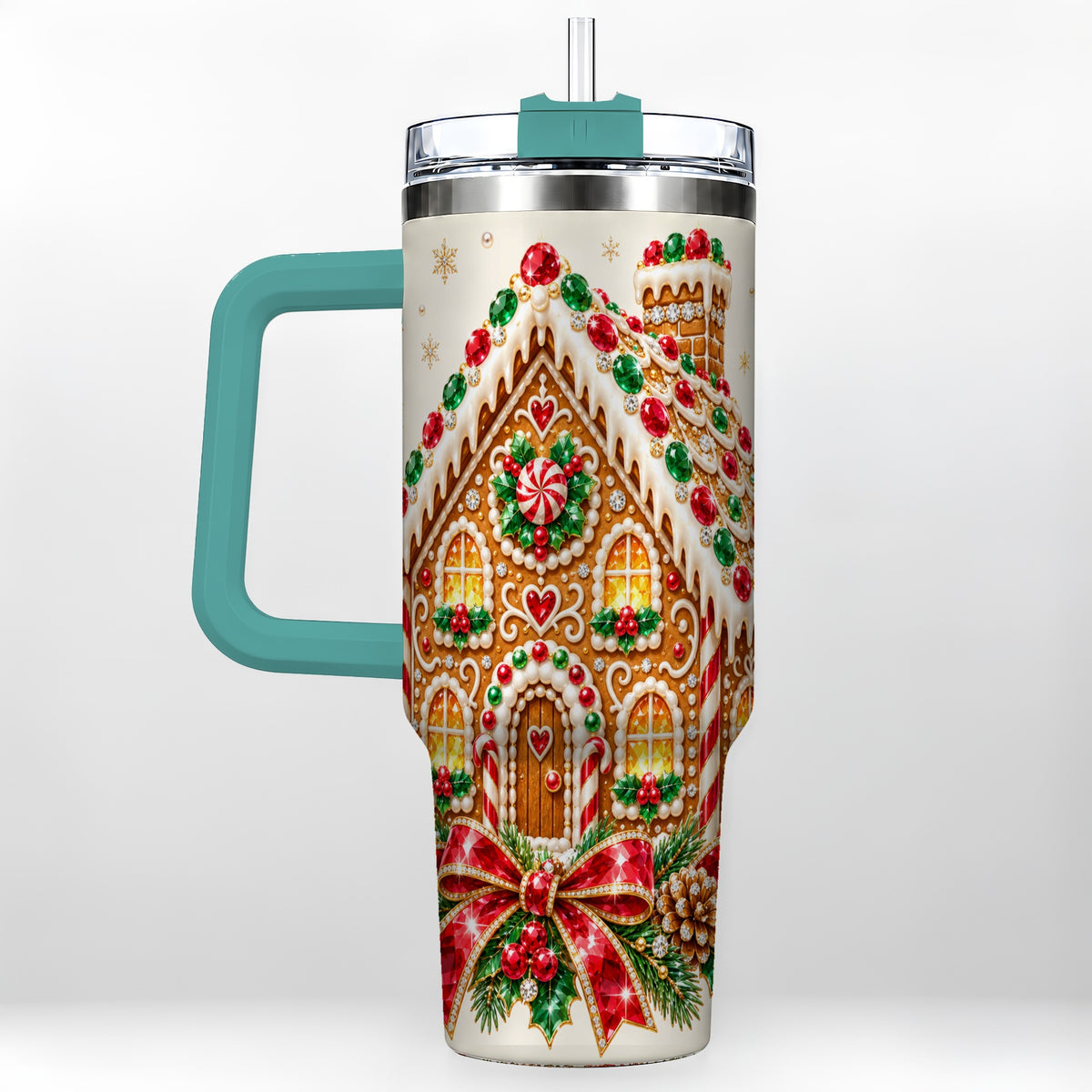 #pl[40oz|Green] Gingerbread House 40oz Tumbler with Handle, Christmas Travel Cup