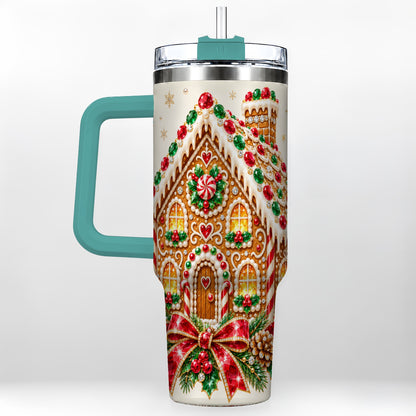 #pl[40oz|Green] Gingerbread House 40oz Tumbler with Handle, Christmas Travel Cup