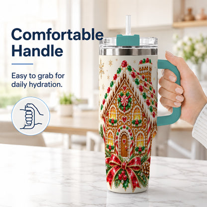 #pl[40oz|Green] Gingerbread House 40oz Tumbler with Handle, Christmas Travel Cup
