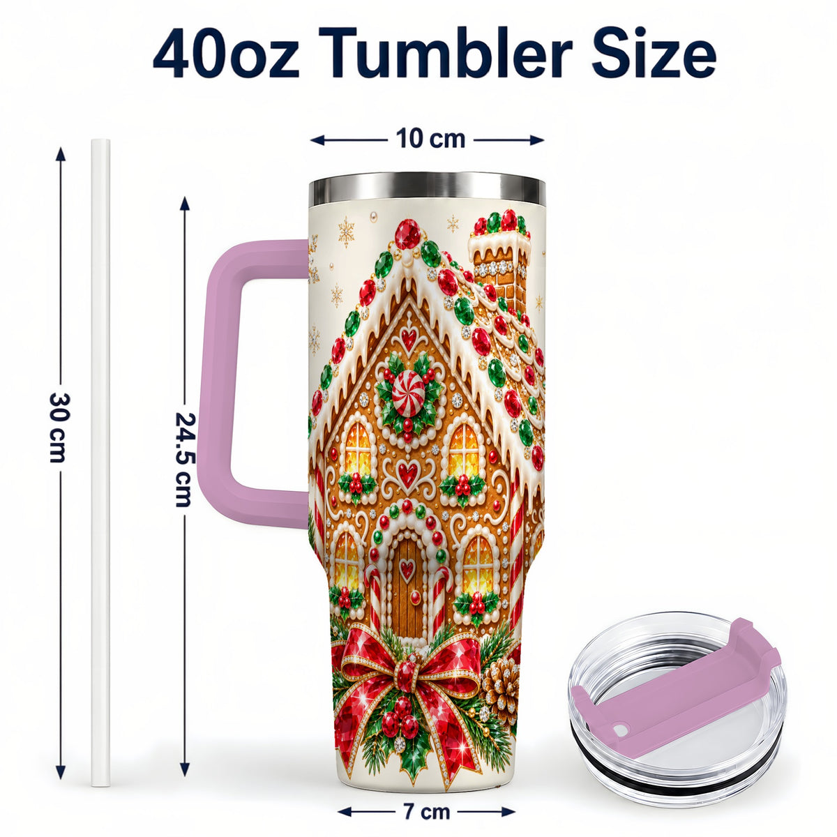 #pl[40oz|Pink] Gingerbread House 40oz Tumbler with Handle, Christmas Travel Cup