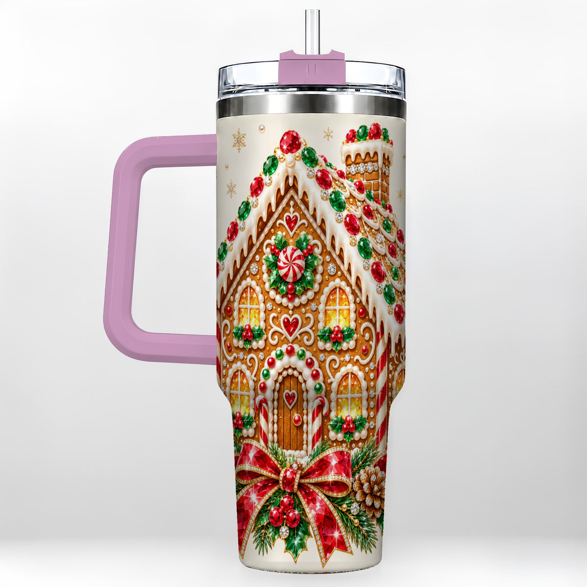 #pl[40oz|Pink] Gingerbread House 40oz Tumbler with Handle, Christmas Travel Cup