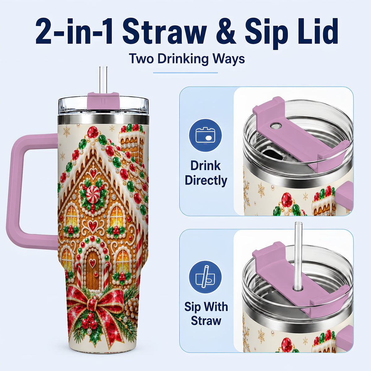 #pl[40oz|Pink] Gingerbread House 40oz Tumbler with Handle, Christmas Travel Cup