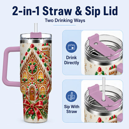 #pl[40oz|Pink] Gingerbread House 40oz Tumbler with Handle, Christmas Travel Cup