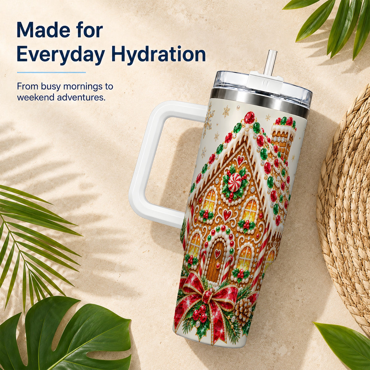 Gingerbread House 40oz Tumbler with Handle, Christmas Travel Cup