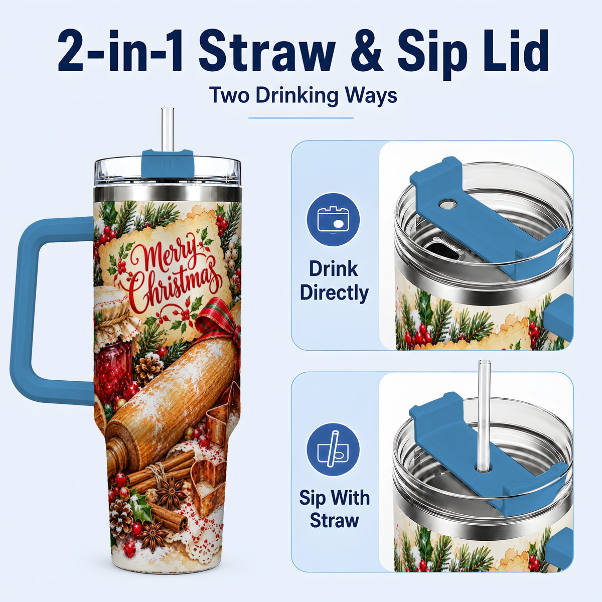 #pl[40oz|Blue] Christmas Baking 40oz Tumbler, Cookie Tumbler, Stainless Steel Travel Cup