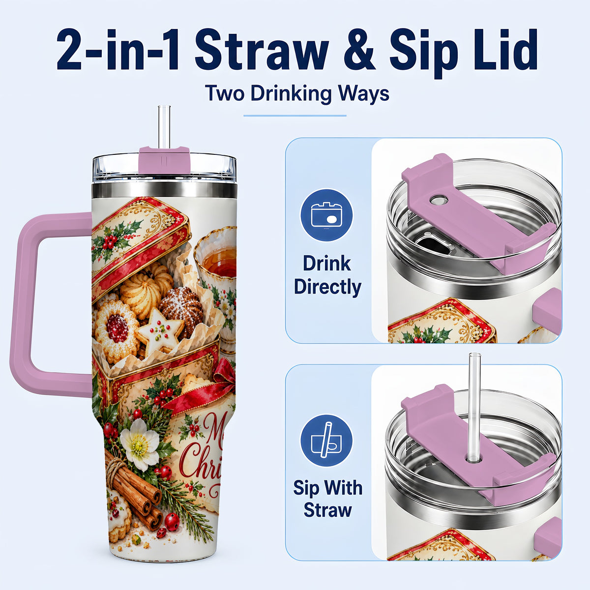 #pl[40oz|Pink] Christmas Tea 40oz Tumbler, Cookie Tumbler, Stainless Steel Travel Cup