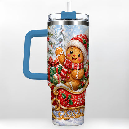 #pl[40oz|Blue] Gingerbread Sleigh 40oz Tumbler, Cookie Tumbler, Stainless Steel Travel Cup
