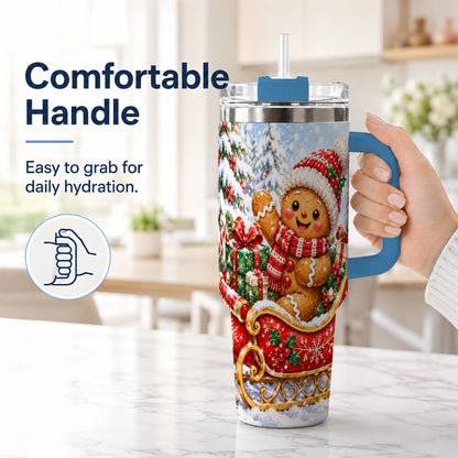 #pl[40oz|Blue] Gingerbread Sleigh 40oz Tumbler, Cookie Tumbler, Stainless Steel Travel Cup