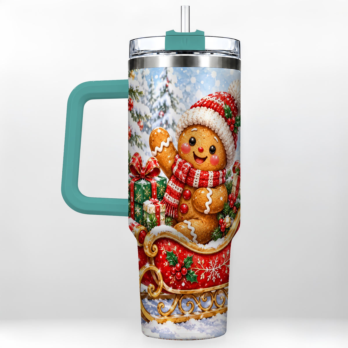 #pl[40oz|Green] Gingerbread Sleigh 40oz Tumbler, Cookie Tumbler, Stainless Steel Travel Cup