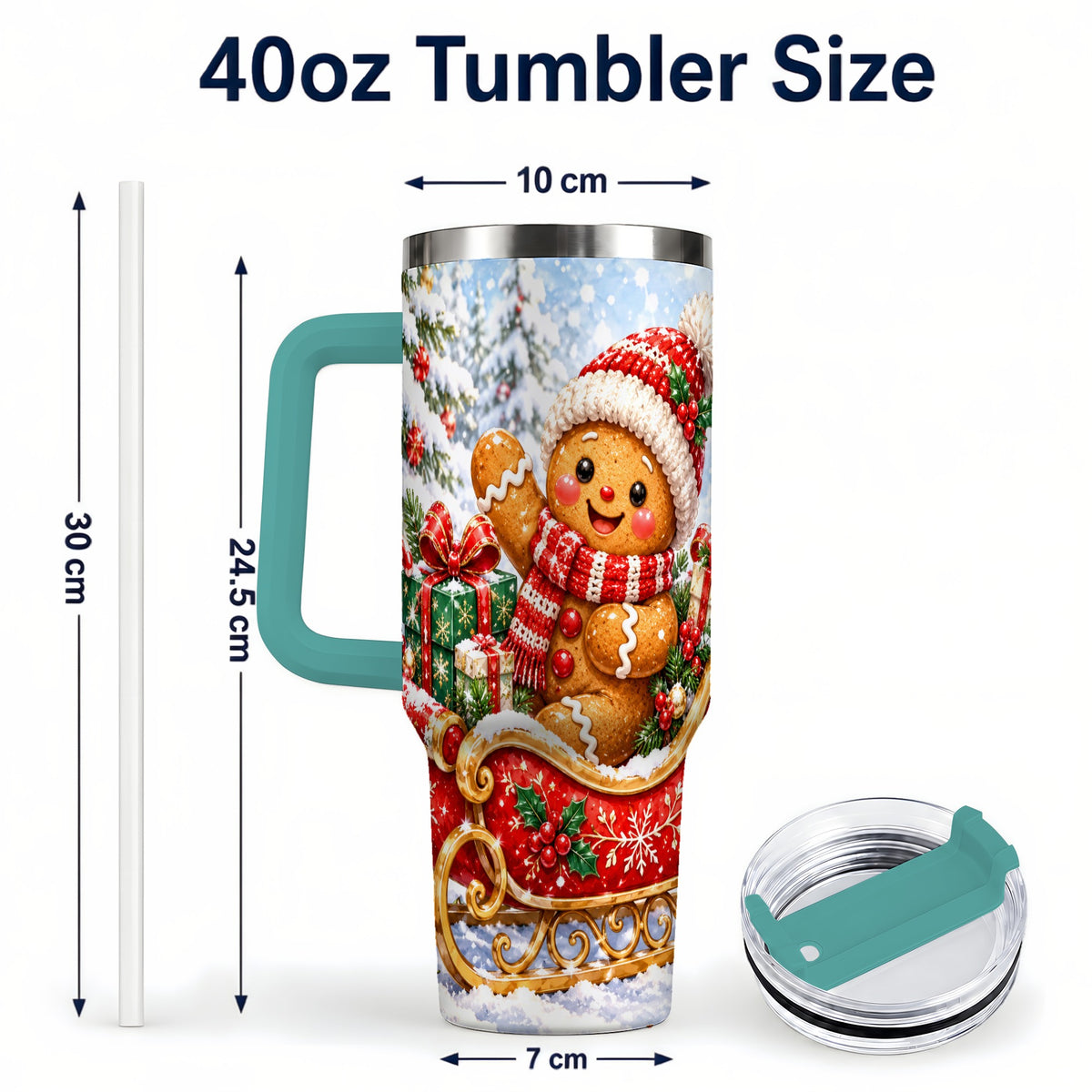 #pl[40oz|Green] Gingerbread Sleigh 40oz Tumbler, Cookie Tumbler, Stainless Steel Travel Cup