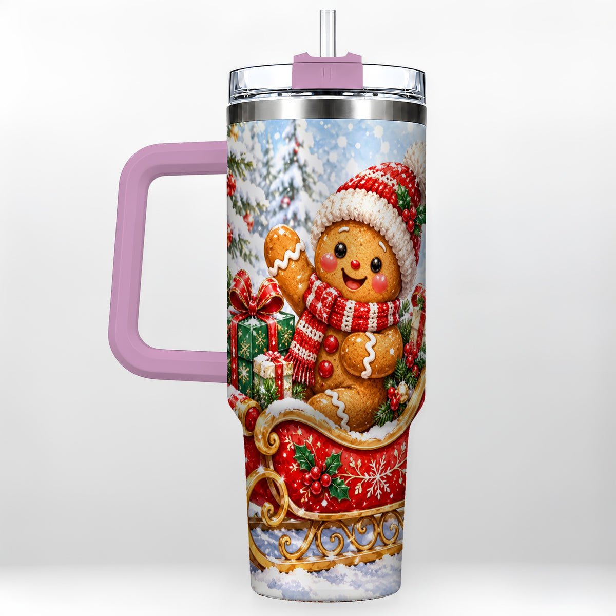 #pl[40oz|Pink] Gingerbread Sleigh 40oz Tumbler, Cookie Tumbler, Stainless Steel Travel Cup