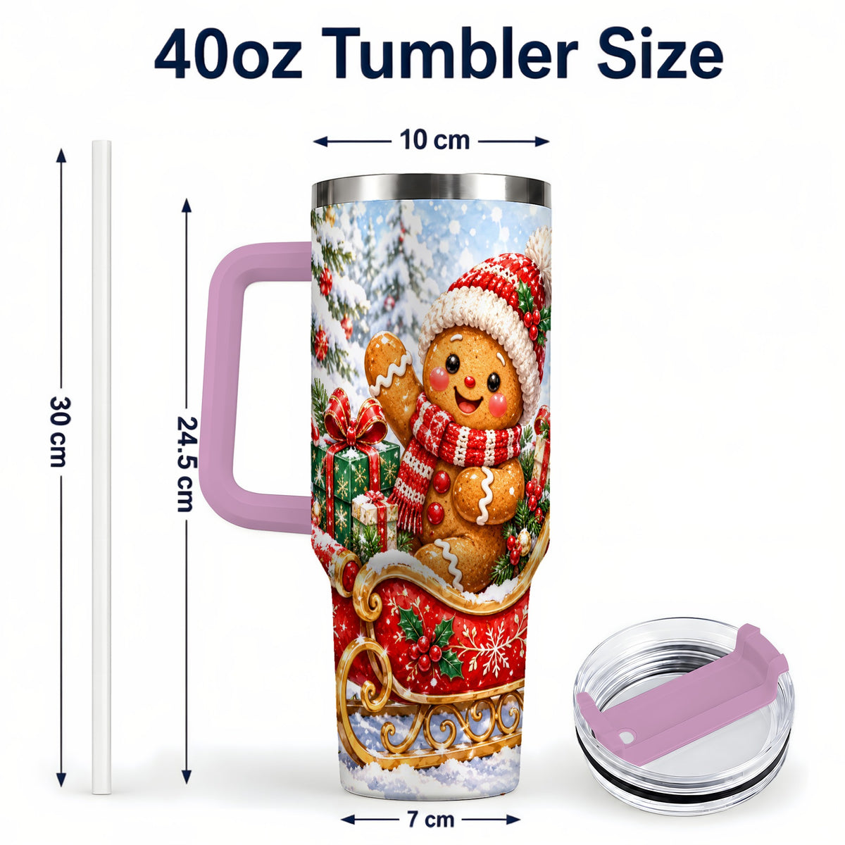 #pl[40oz|Pink] Gingerbread Sleigh 40oz Tumbler, Cookie Tumbler, Stainless Steel Travel Cup