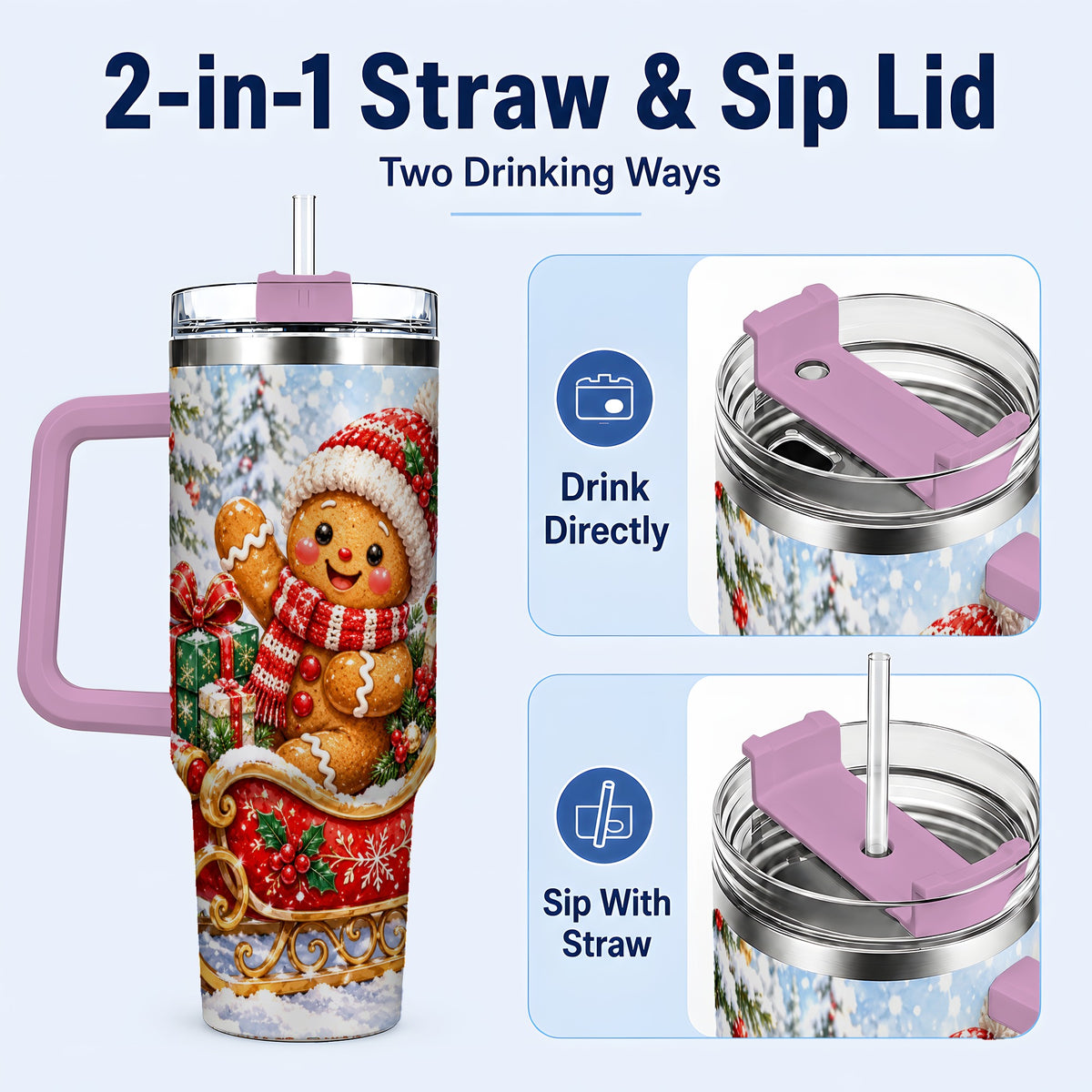 #pl[40oz|Pink] Gingerbread Sleigh 40oz Tumbler, Cookie Tumbler, Stainless Steel Travel Cup