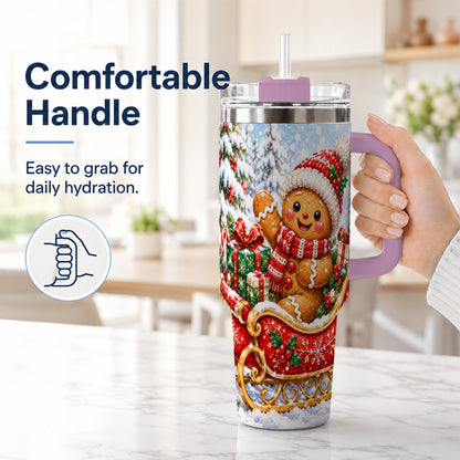 #pl[40oz|Pink] Gingerbread Sleigh 40oz Tumbler, Cookie Tumbler, Stainless Steel Travel Cup