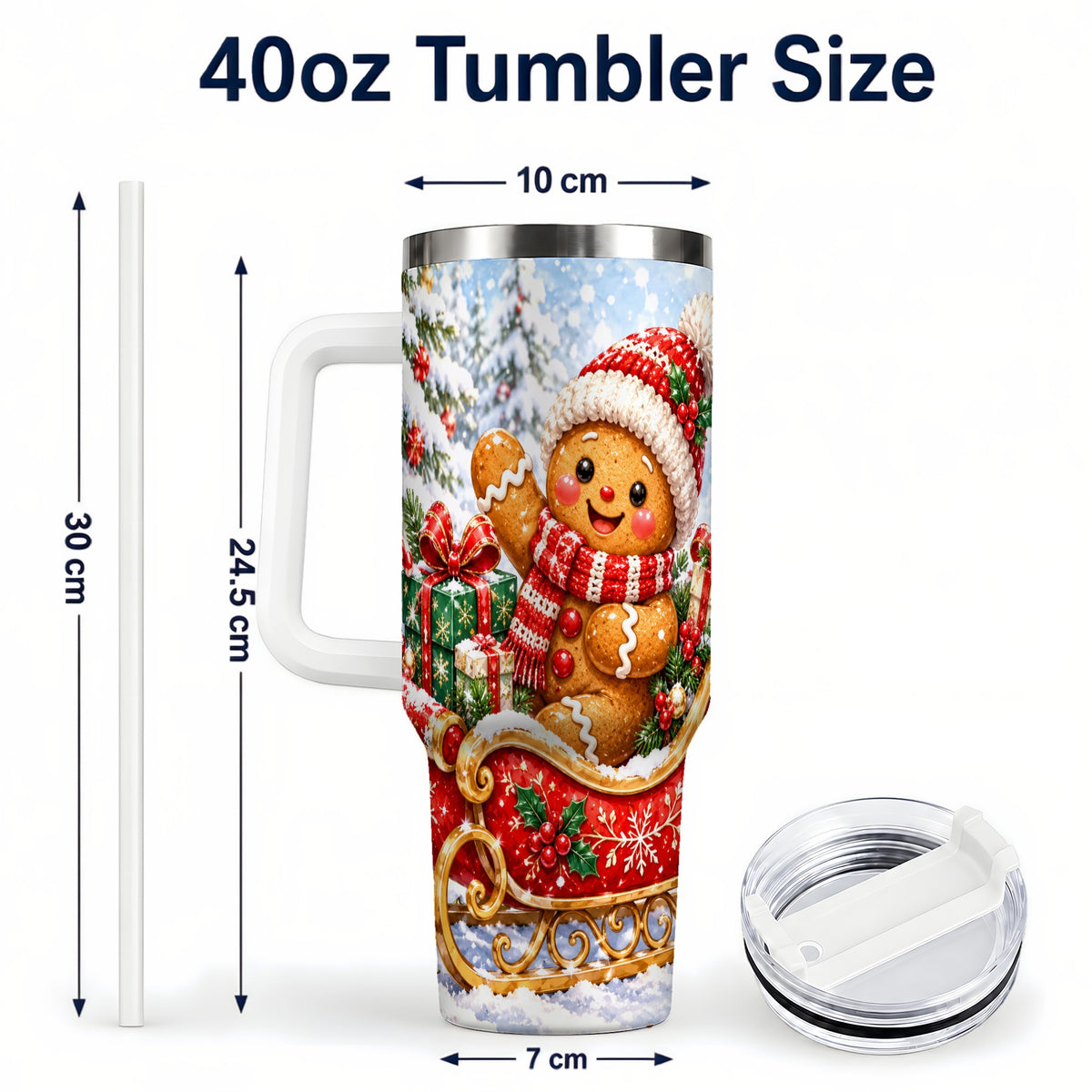 #pl[40oz|White] Gingerbread Sleigh 40oz Tumbler, Cookie Tumbler, Stainless Steel Travel Cup