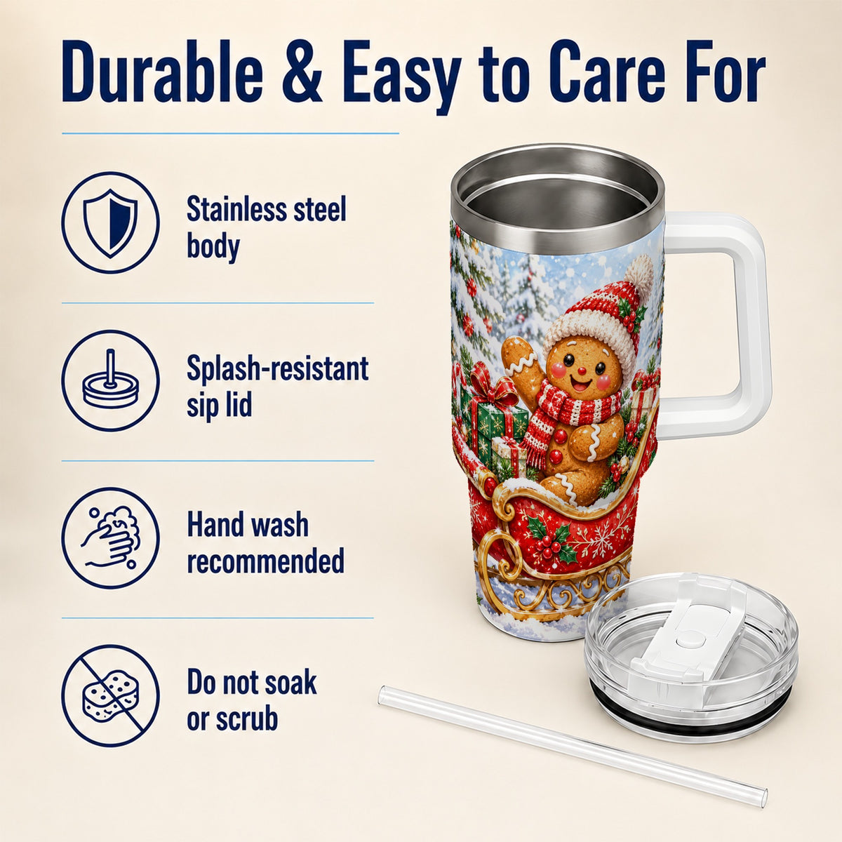 Gingerbread Sleigh 40oz Tumbler, Cookie Tumbler, Stainless Steel Travel Cup