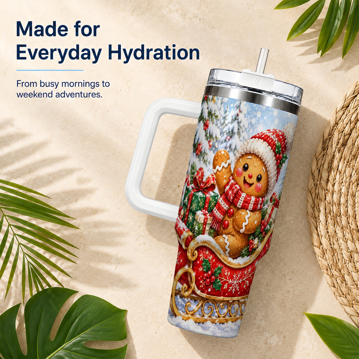 Gingerbread Sleigh 40oz Tumbler, Cookie Tumbler, Stainless Steel Travel Cup