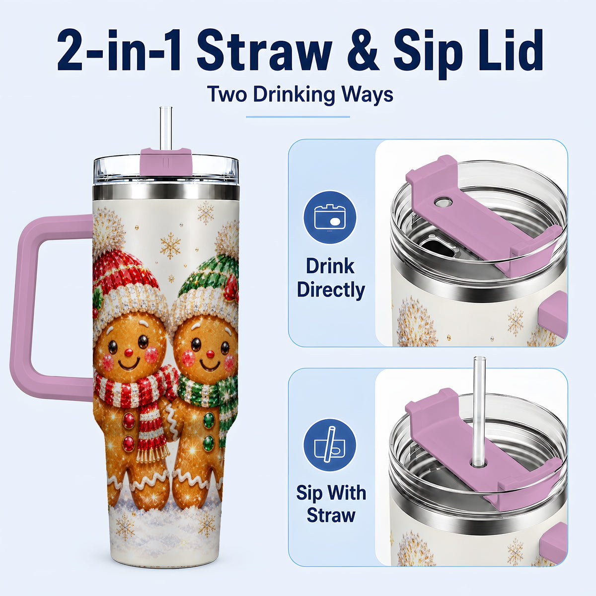 #pl[40oz|Pink] Gingerbread Couple 40oz Tumbler, Cookie Tumbler, Stainless Steel Travel Cup
