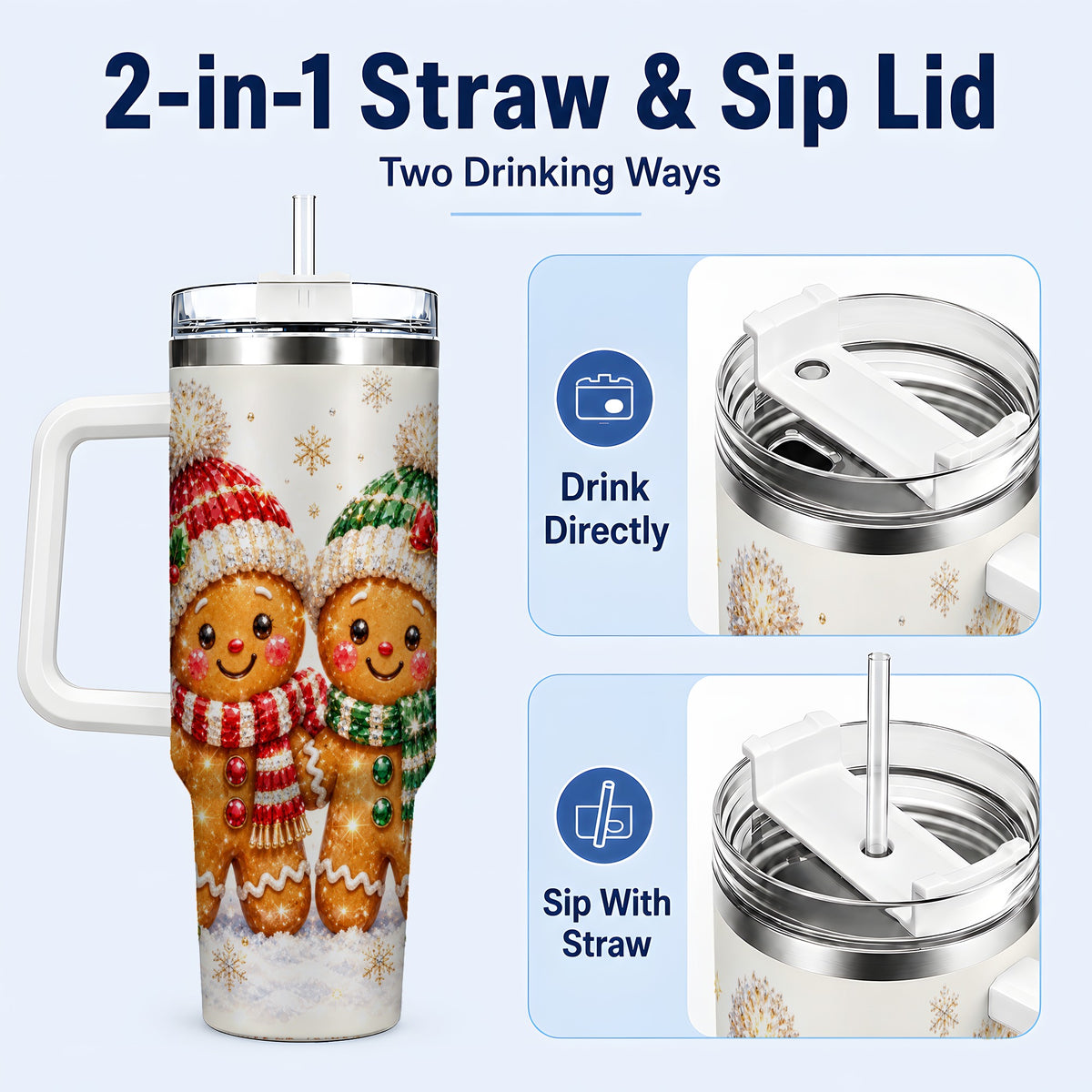 #pl[40oz|White] Gingerbread Couple 40oz Tumbler, Cookie Tumbler, Stainless Steel Travel Cup