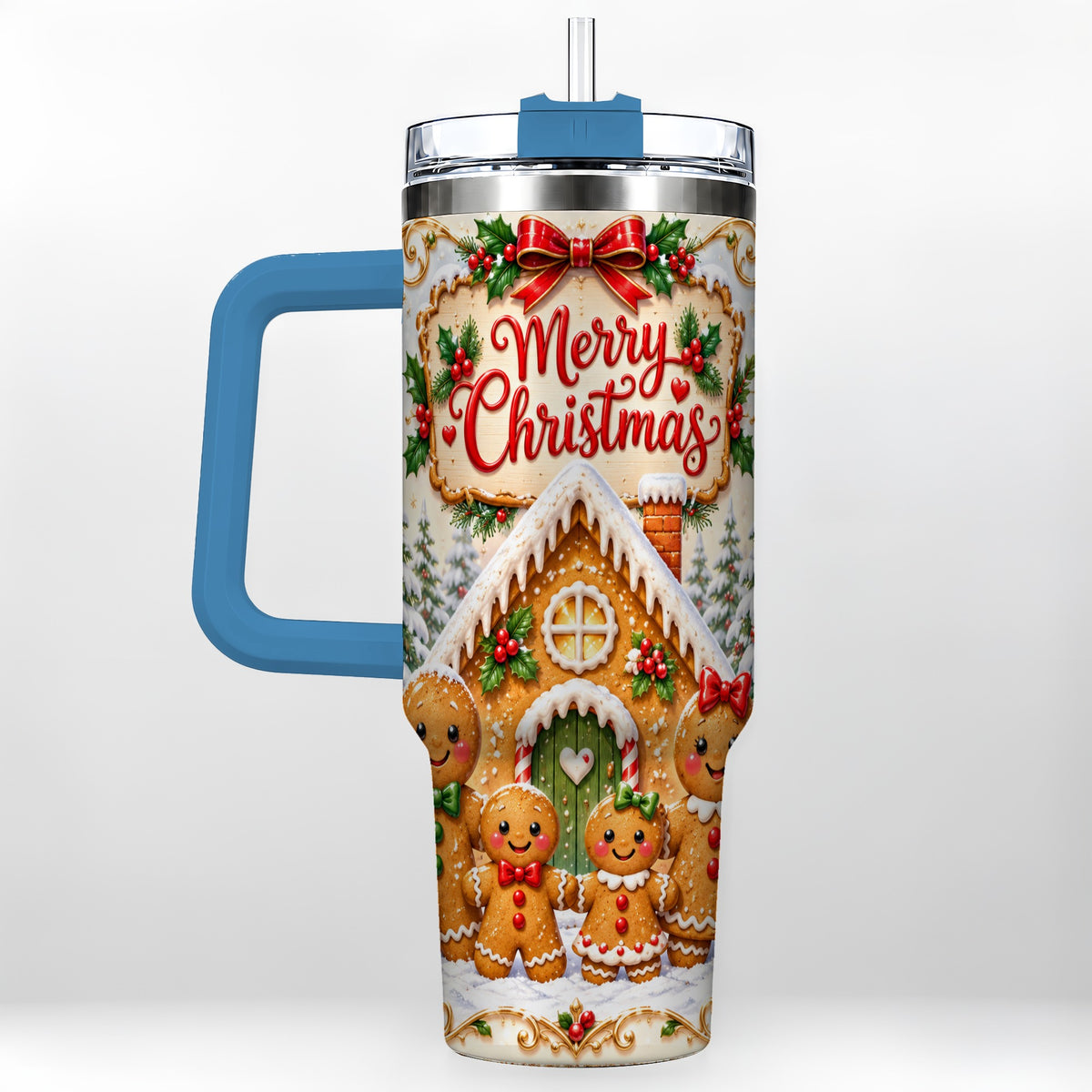 #pl[40oz|Blue] Gingerbread Family 40oz Tumbler, Cookie Tumbler, Stainless Steel Travel Cup