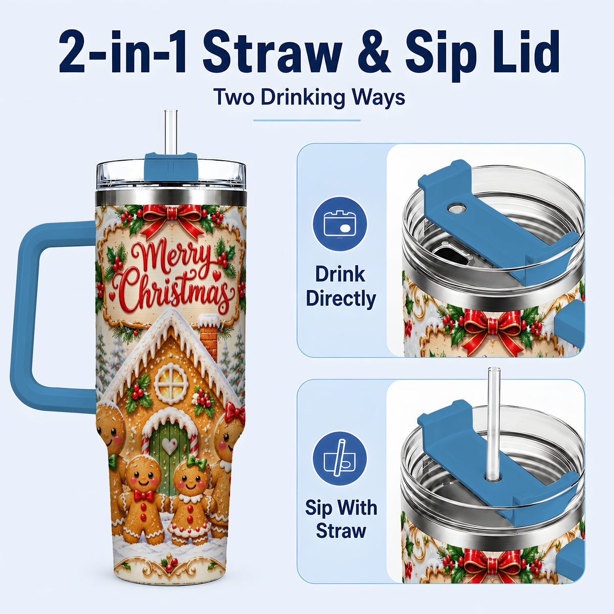 #pl[40oz|Blue] Gingerbread Family 40oz Tumbler, Cookie Tumbler, Stainless Steel Travel Cup
