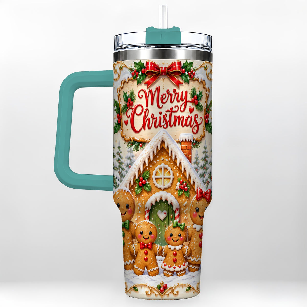 #pl[40oz|Green] Gingerbread Family 40oz Tumbler, Cookie Tumbler, Stainless Steel Travel Cup