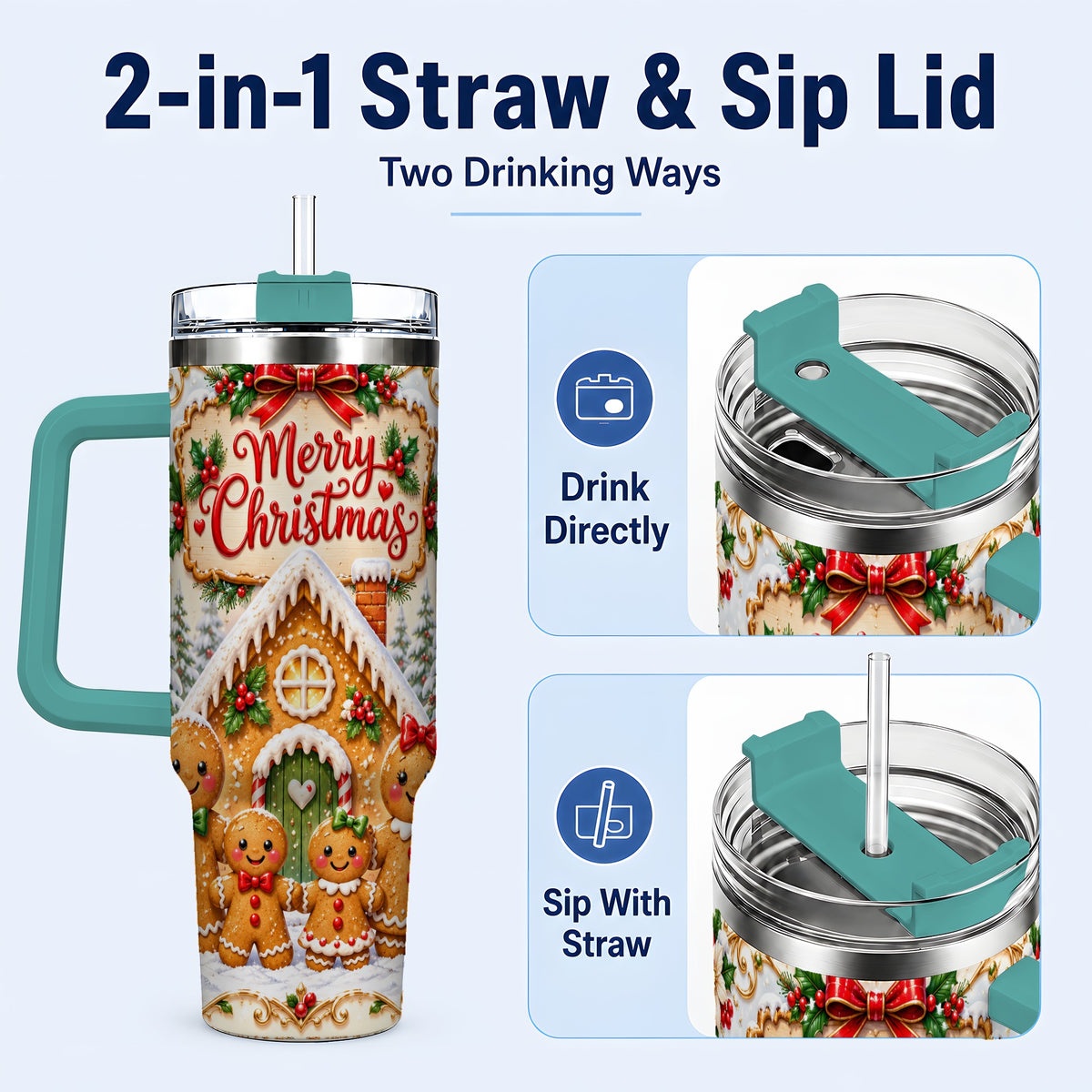 #pl[40oz|Green] Gingerbread Family 40oz Tumbler, Cookie Tumbler, Stainless Steel Travel Cup