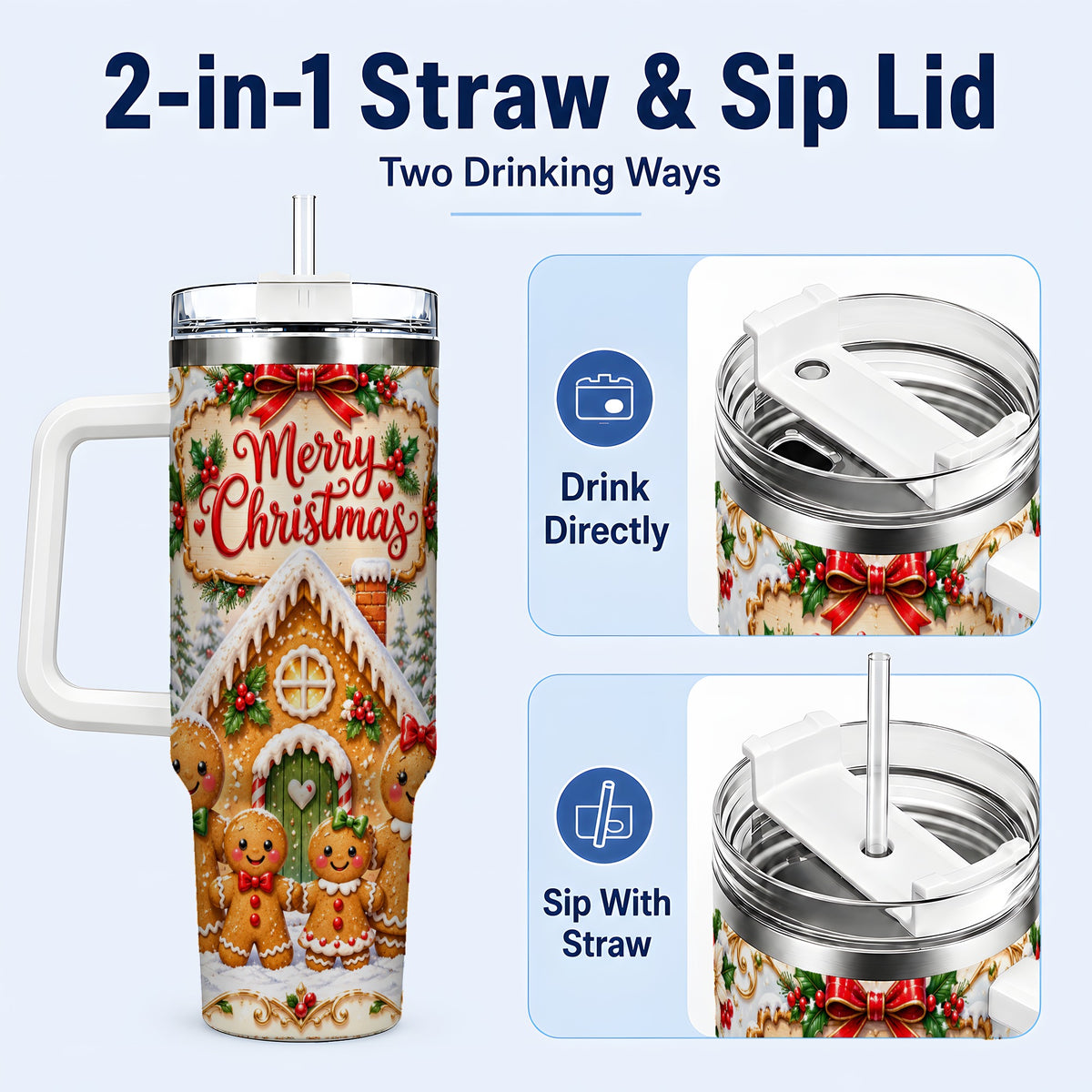 #pl[40oz|White] Gingerbread Family 40oz Tumbler, Cookie Tumbler, Stainless Steel Travel Cup