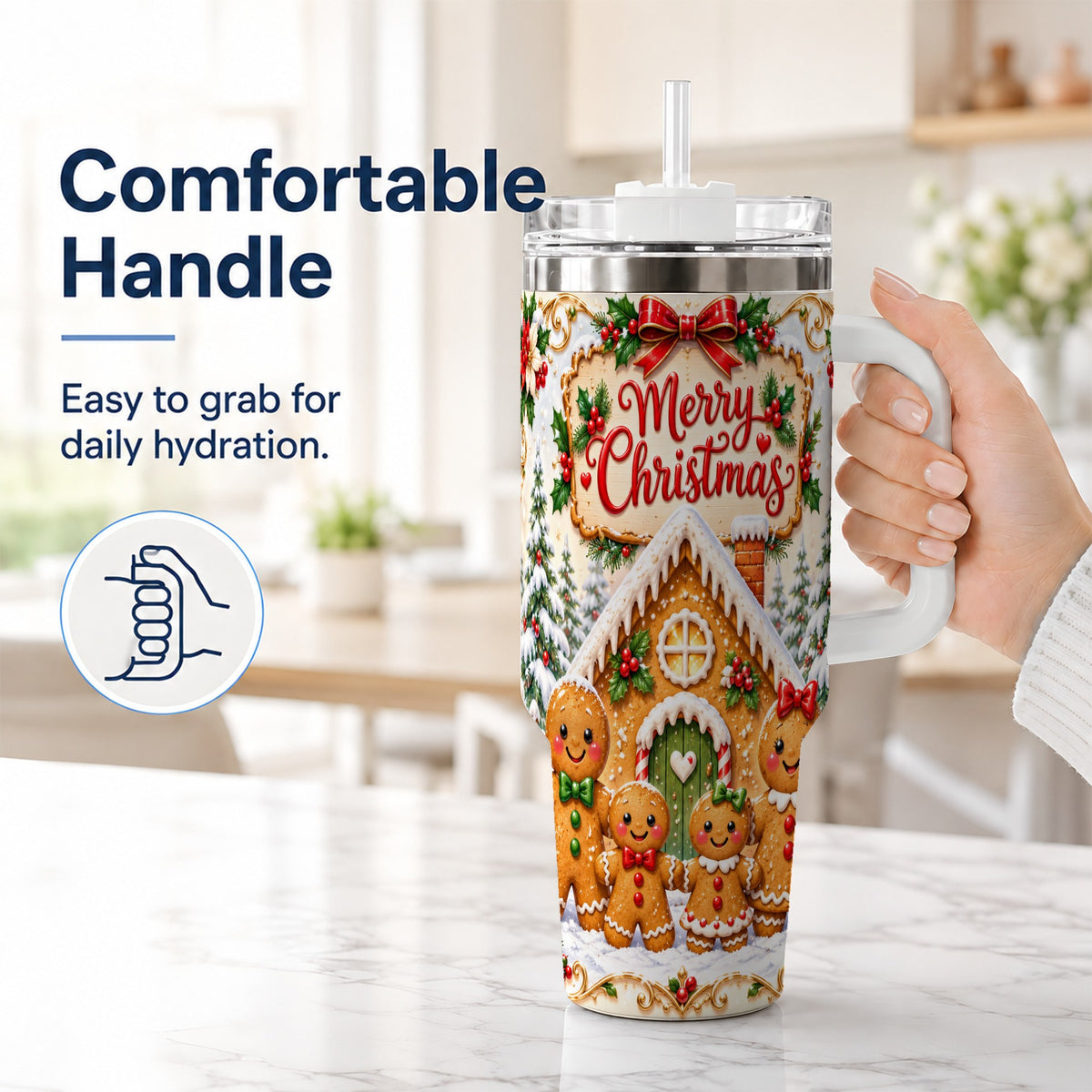 #pl[40oz|White] Gingerbread Family 40oz Tumbler, Cookie Tumbler, Stainless Steel Travel Cup