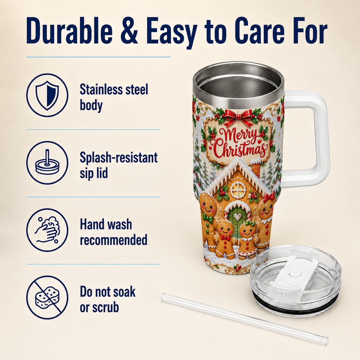 Gingerbread Family 40oz Tumbler, Cookie Tumbler, Stainless Steel Travel Cup