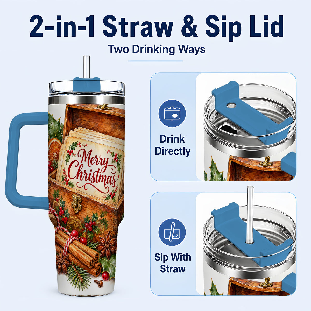 #pl[40oz|Blue] Vintage Christmas 40oz Tumbler, Holiday Tumbler, Stainless Steel Travel Cup