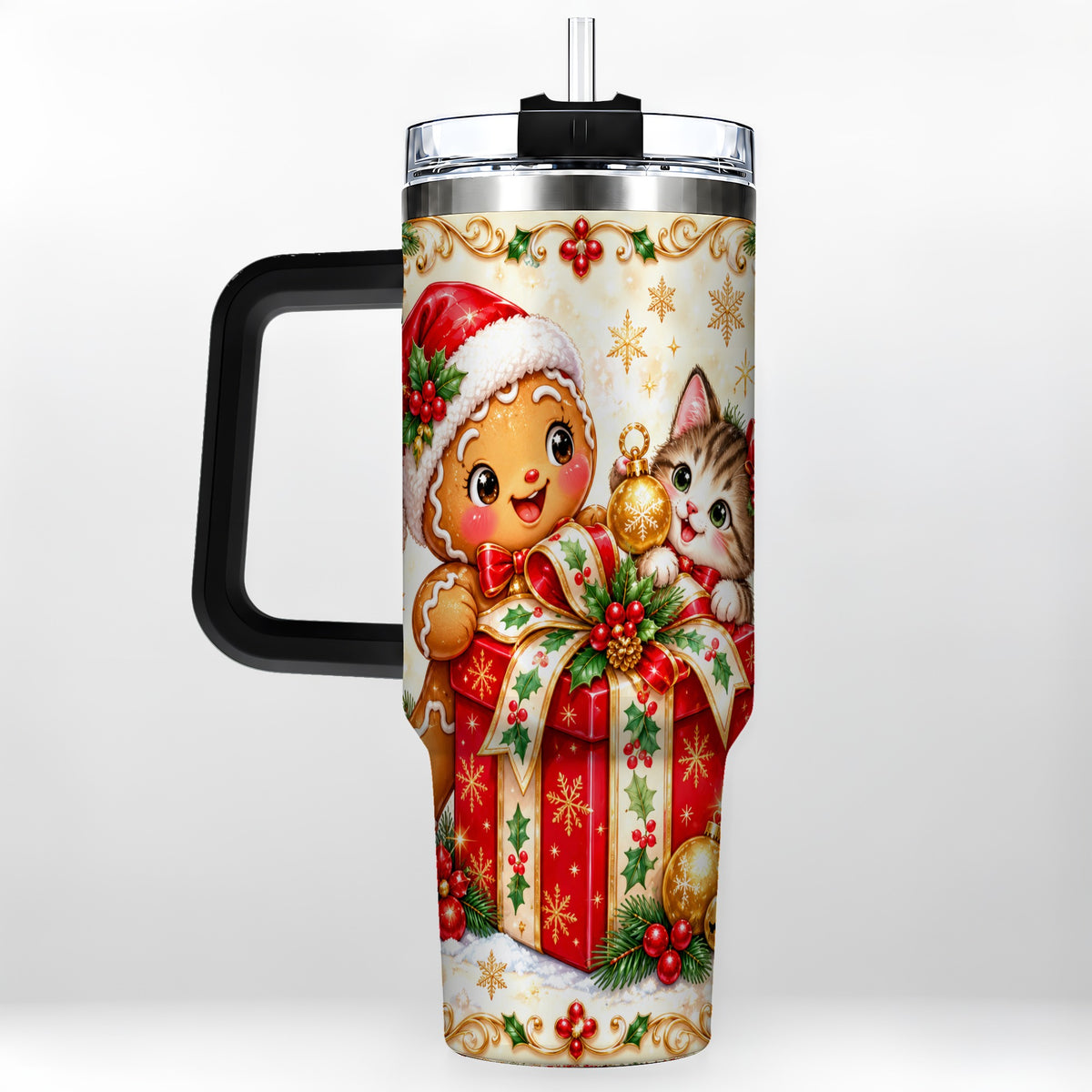 #pl[40oz|Black] Gingerbread Cat 40oz Tumbler, Christmas Tumbler, Stainless Steel Travel Cup