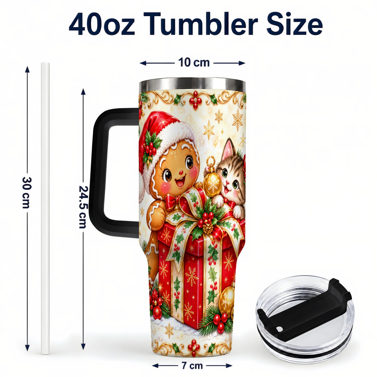#pl[40oz|Black] Gingerbread Cat 40oz Tumbler, Christmas Tumbler, Stainless Steel Travel Cup