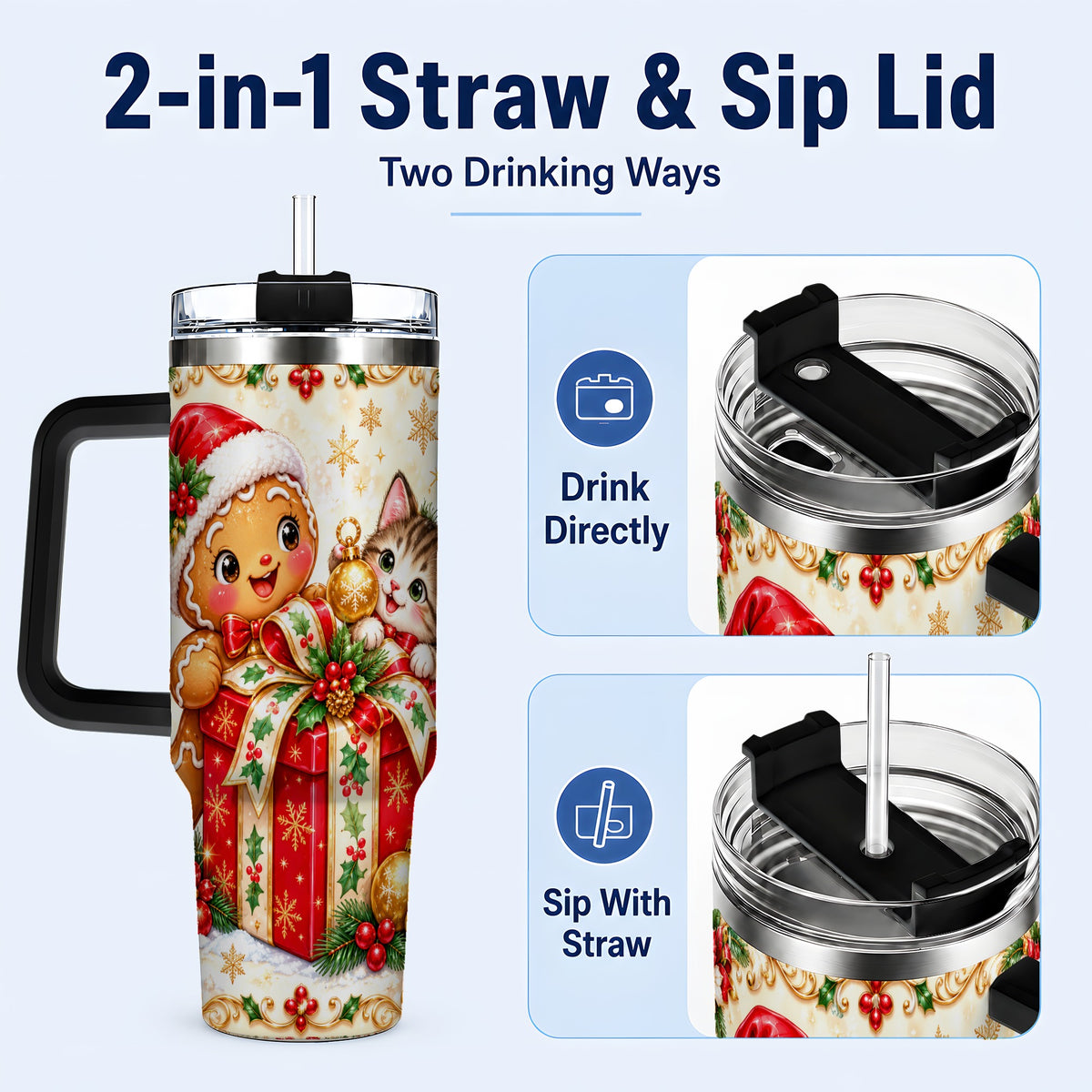 #pl[40oz|Black] Gingerbread Cat 40oz Tumbler, Christmas Tumbler, Stainless Steel Travel Cup