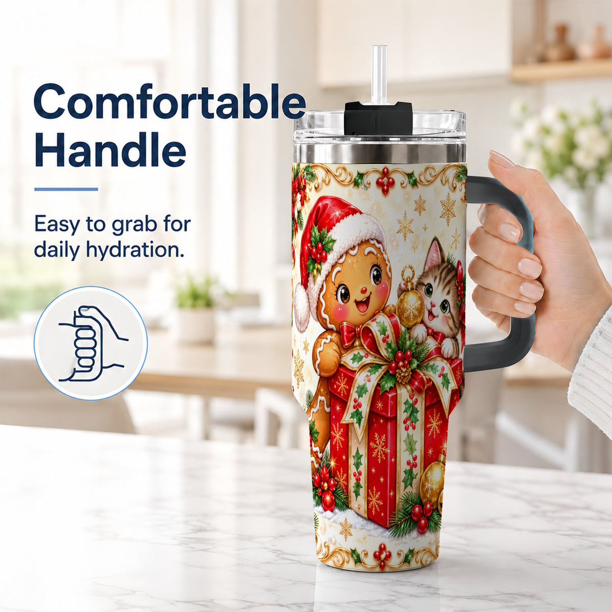 #pl[40oz|Black] Gingerbread Cat 40oz Tumbler, Christmas Tumbler, Stainless Steel Travel Cup