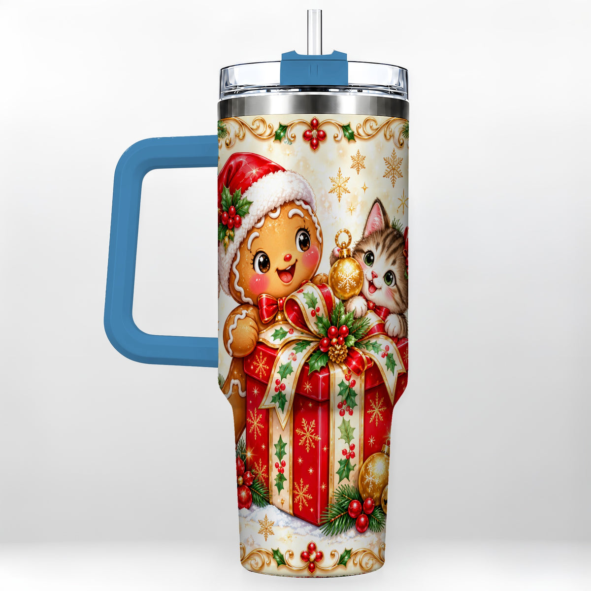 #pl[40oz|Blue] Gingerbread Cat 40oz Tumbler, Christmas Tumbler, Stainless Steel Travel Cup