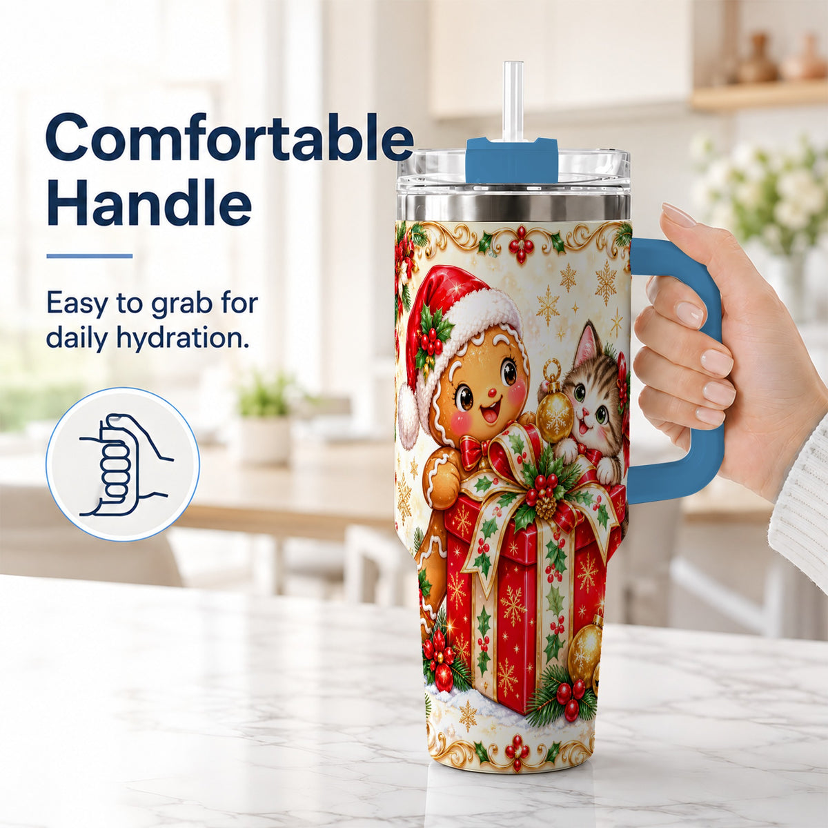 #pl[40oz|Blue] Gingerbread Cat 40oz Tumbler, Christmas Tumbler, Stainless Steel Travel Cup