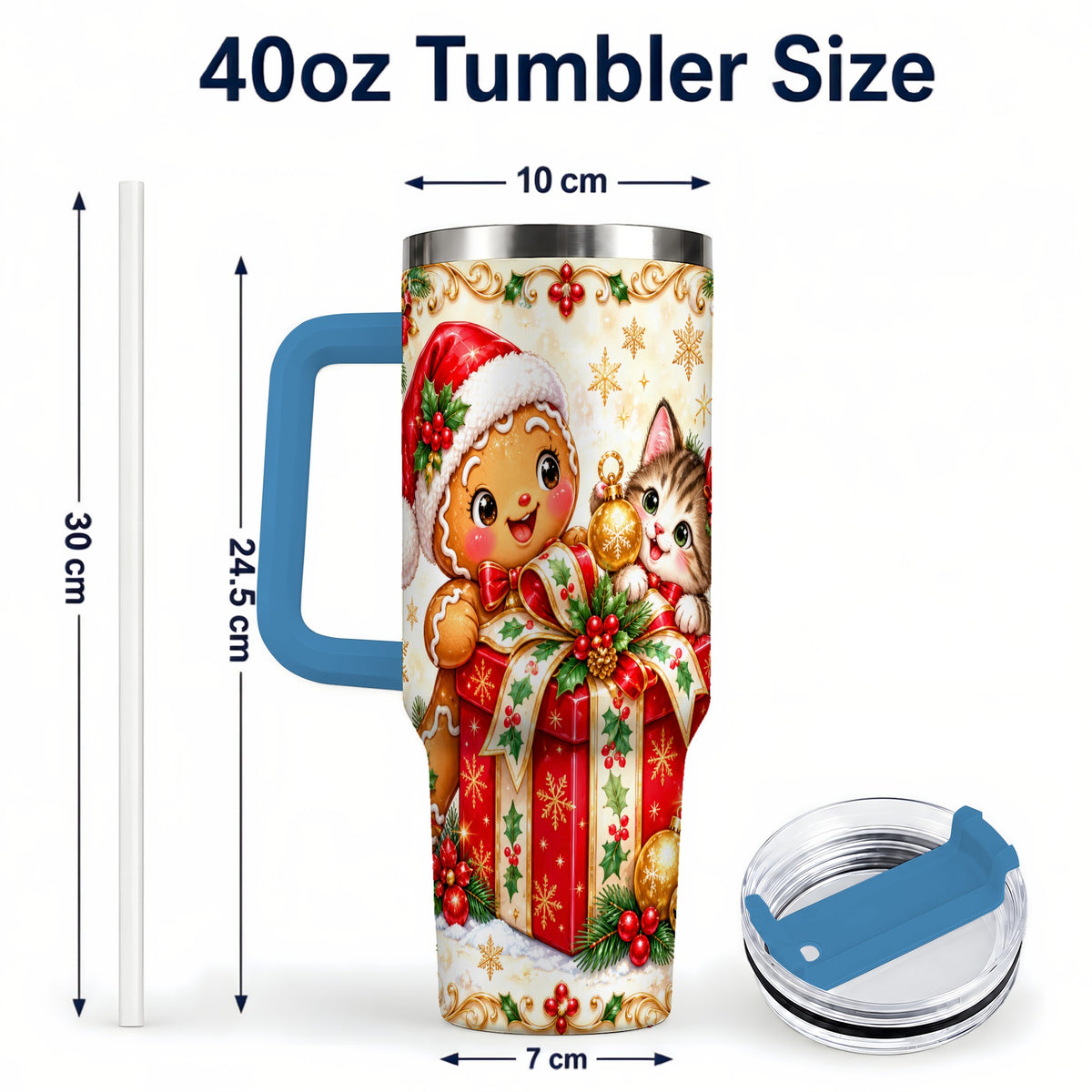 #pl[40oz|Blue] Gingerbread Cat 40oz Tumbler, Christmas Tumbler, Stainless Steel Travel Cup