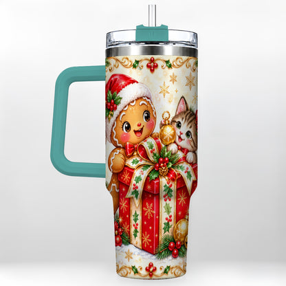 #pl[40oz|Green] Gingerbread Cat 40oz Tumbler, Christmas Tumbler, Stainless Steel Travel Cup