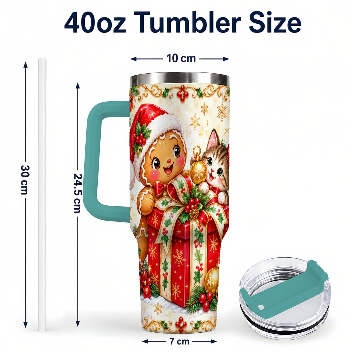 #pl[40oz|Green] Gingerbread Cat 40oz Tumbler, Christmas Tumbler, Stainless Steel Travel Cup