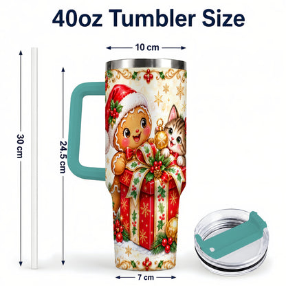 #pl[40oz|Green] Gingerbread Cat 40oz Tumbler, Christmas Tumbler, Stainless Steel Travel Cup