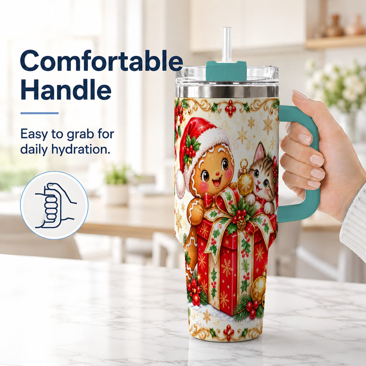 #pl[40oz|Green] Gingerbread Cat 40oz Tumbler, Christmas Tumbler, Stainless Steel Travel Cup