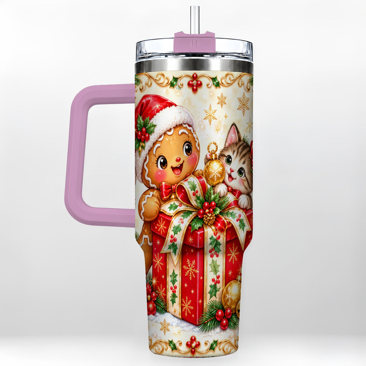 #pl[40oz|Pink] Gingerbread Cat 40oz Tumbler, Christmas Tumbler, Stainless Steel Travel Cup
