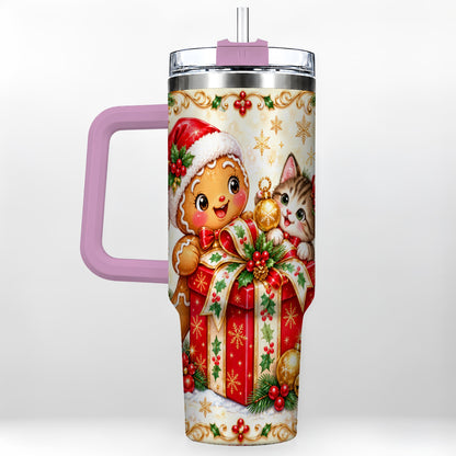 #pl[40oz|Pink] Gingerbread Cat 40oz Tumbler, Christmas Tumbler, Stainless Steel Travel Cup