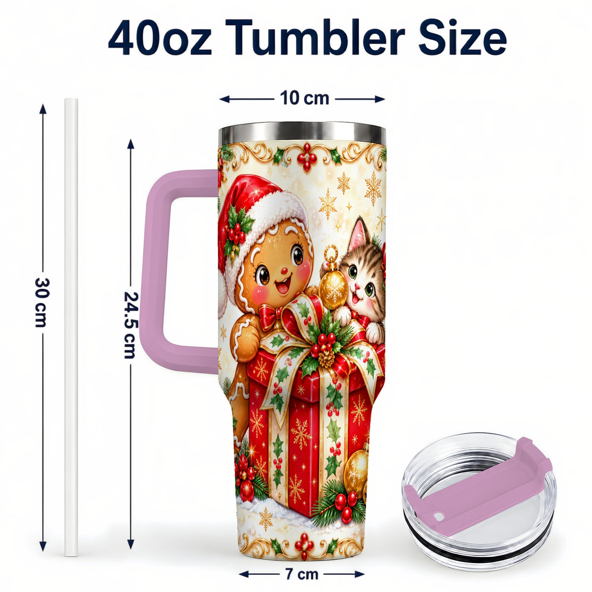#pl[40oz|Pink] Gingerbread Cat 40oz Tumbler, Christmas Tumbler, Stainless Steel Travel Cup