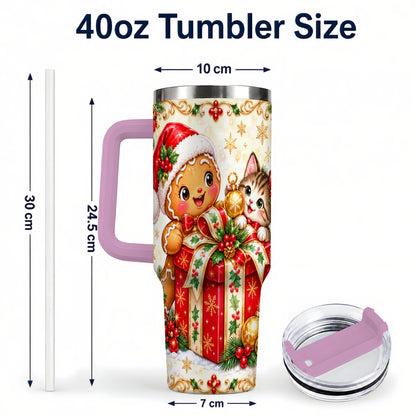 #pl[40oz|Pink] Gingerbread Cat 40oz Tumbler, Christmas Tumbler, Stainless Steel Travel Cup