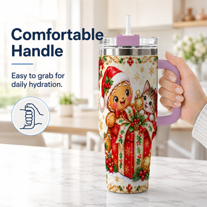 #pl[40oz|Pink] Gingerbread Cat 40oz Tumbler, Christmas Tumbler, Stainless Steel Travel Cup