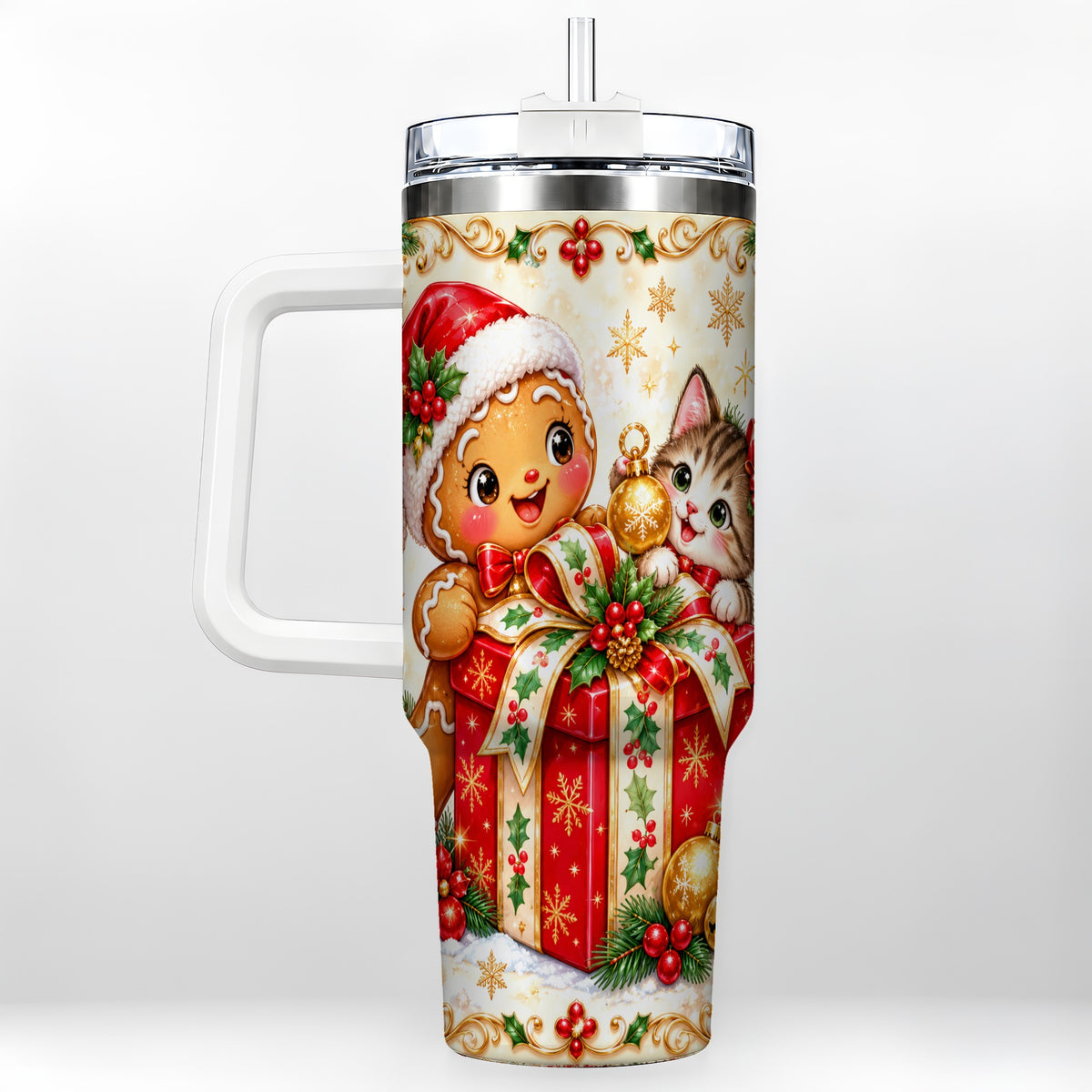 Gingerbread Cat 40oz Tumbler, Christmas Tumbler, Stainless Steel Travel Cup