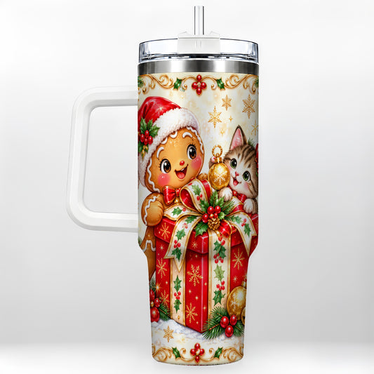 Gingerbread Cat 40oz Tumbler, Christmas Tumbler, Stainless Steel Travel Cup