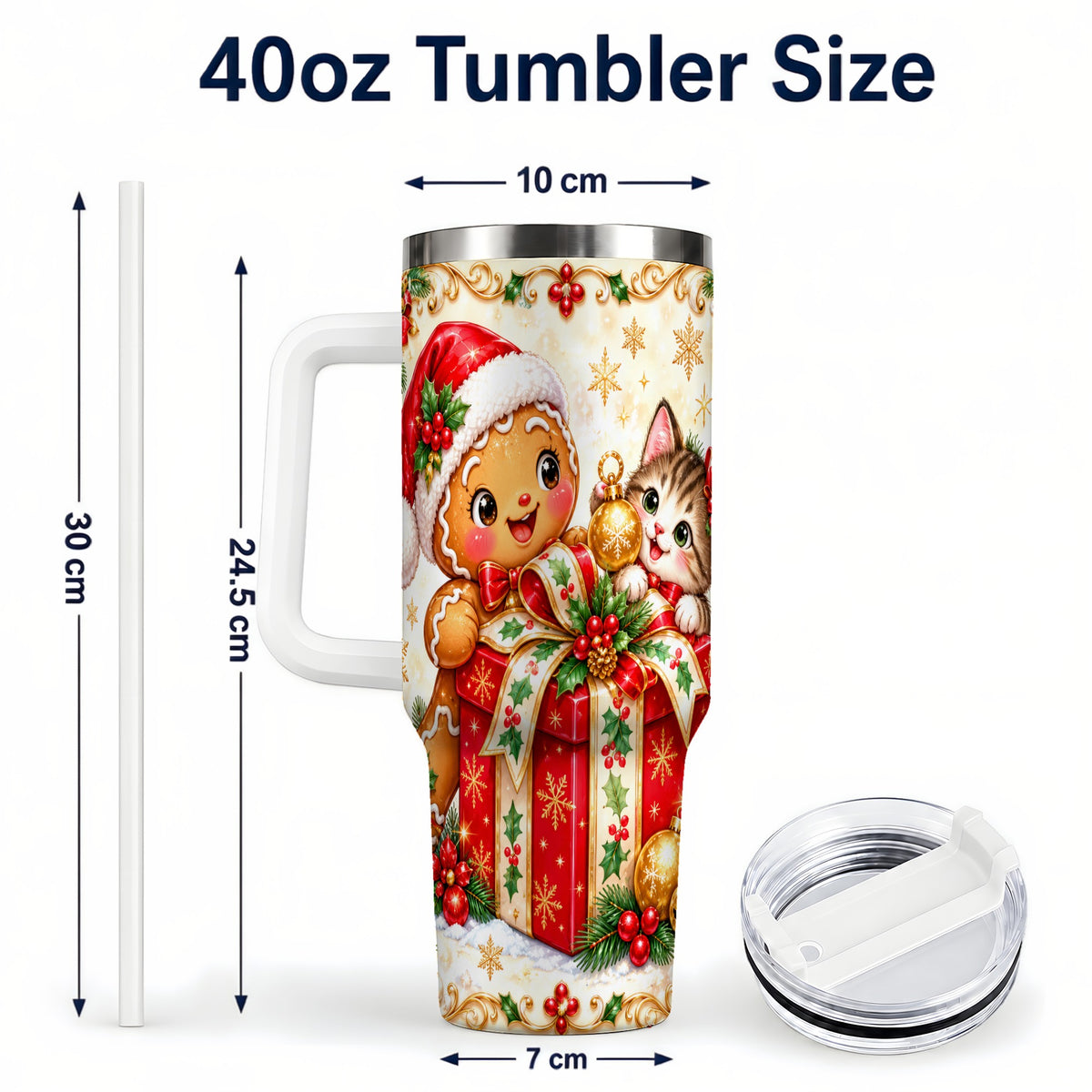 #pl[40oz|White] Gingerbread Cat 40oz Tumbler, Christmas Tumbler, Stainless Steel Travel Cup